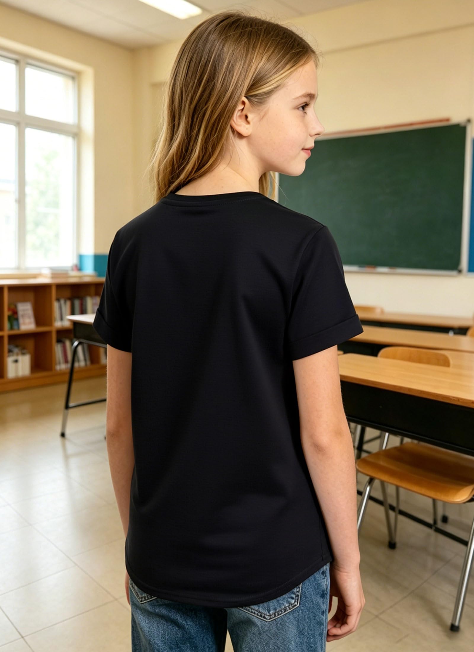 Side and back view of girls black graphic T shirt showing the relaxed fit, short sleeves and casual design.