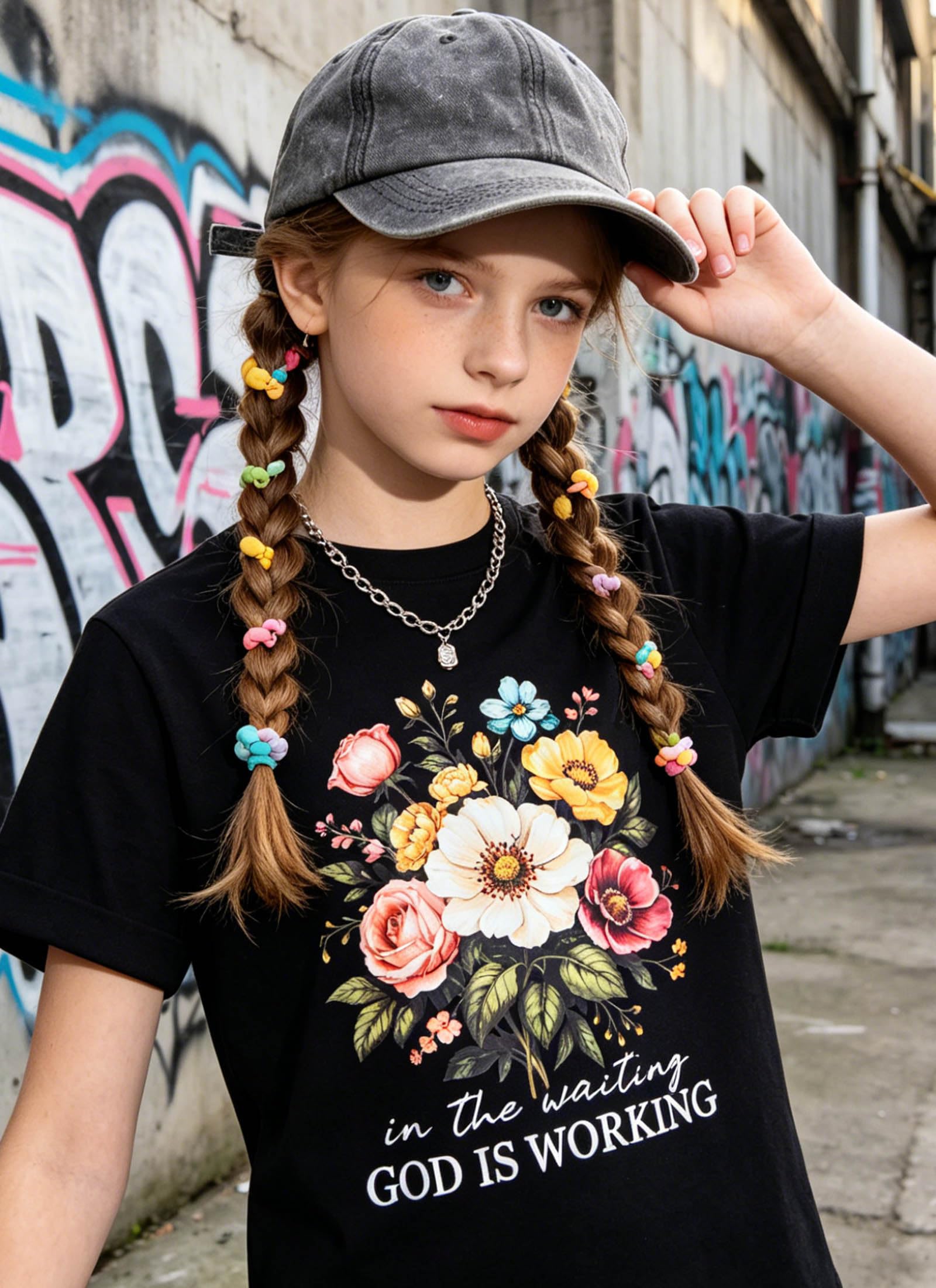 Girl wearing a black graphic tee with a casual hat, stylish everyday outfit for outdoor activities and leisure wear.