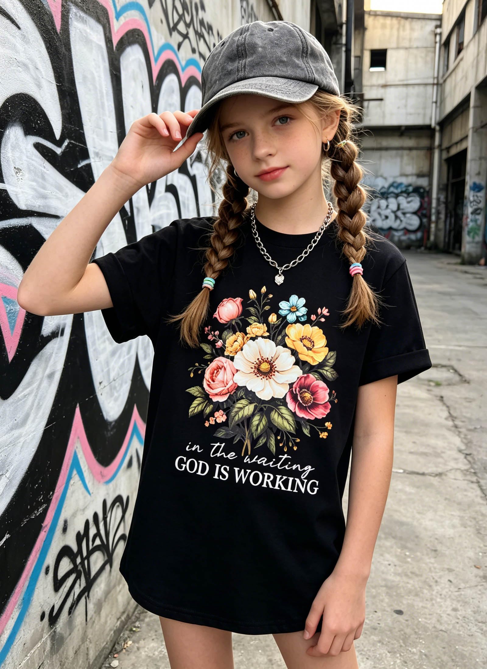 Girl wearing a black graphic tee with jeans, comfortable casual outfit for school, weekends and everyday wear.