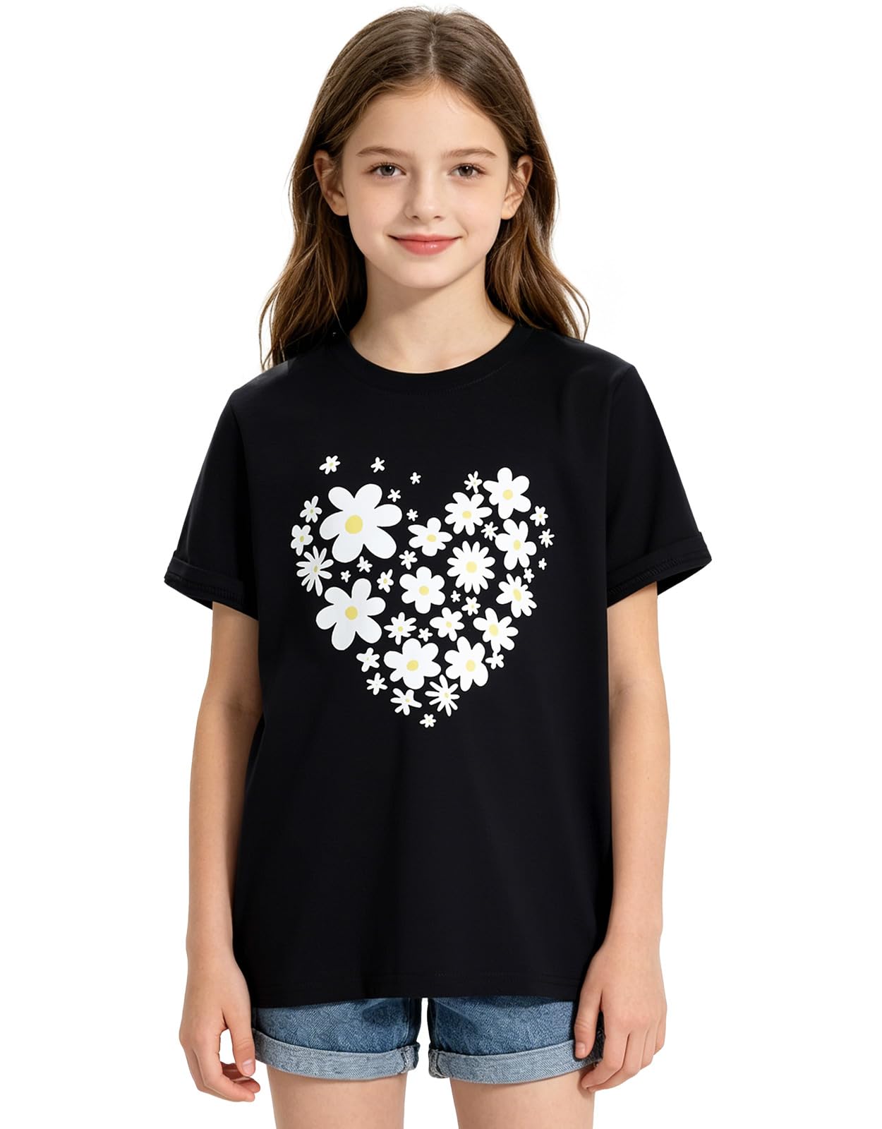 Girls black heart graphic T shirt with comfortable cotton blend material, stylish casual top for kids.