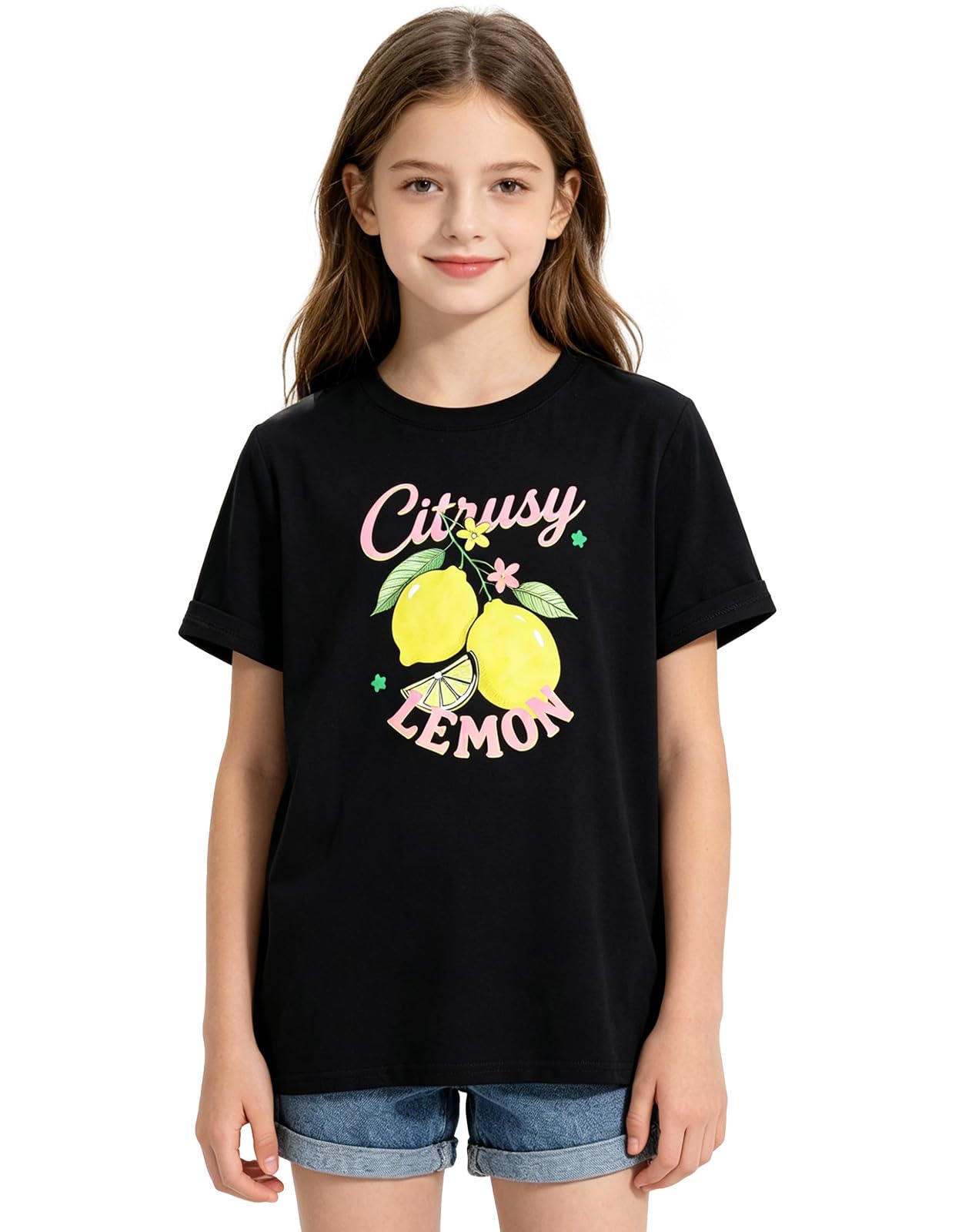 Girls black lemon graphic T shirt with unique fruit print design, comfortable cotton tee for everyday wear.