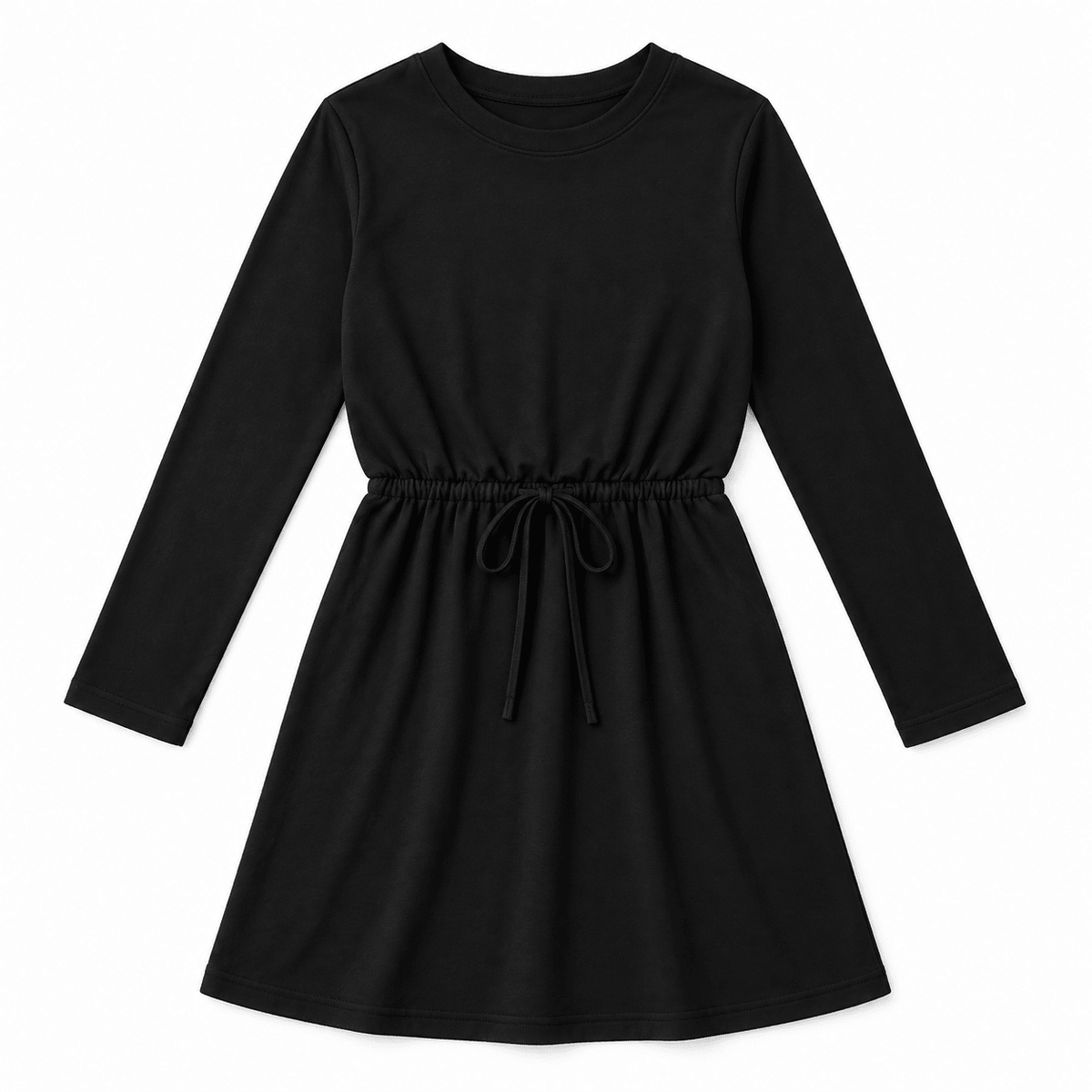 Girls black long sleeve A-line dress with crew neck, elastic waist detail and soft stretch fabric for everyday and holiday outfits.
