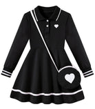 Girls black long sleeve polo dress with heart shoulder bag, classic preppy style outfit for school, parties and daily wear.