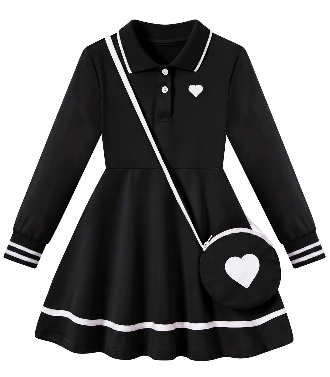 Girls black long sleeve polo dress with heart shoulder bag, classic preppy style outfit for school, parties and daily wear.