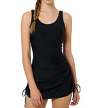 Girls black swim dress one piece swimsuit with comfortable fit for swimming, beach trips, and summer vacations.