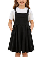 Girls black overall dress set with matching T shirt, classic versatile outfit for school and everyday wear.