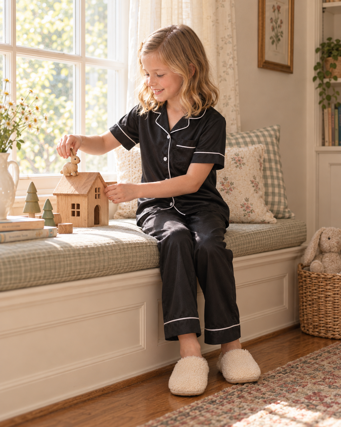Girl wearing a black pajama set while sitting indoors, showing the relaxed fit, button front top and matching sleepwear pants.
