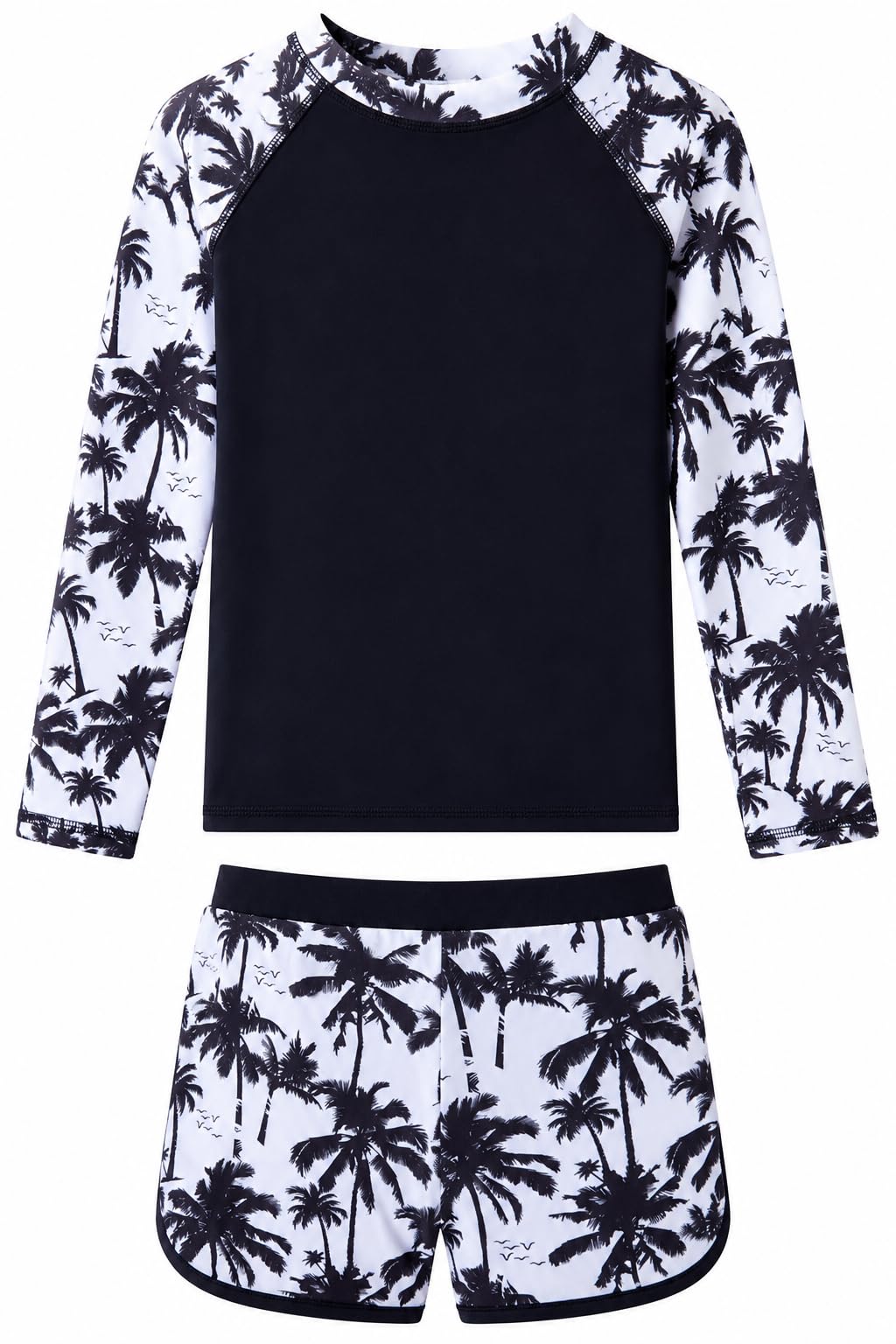 Girls black palm tree long sleeve rash guard swimsuit set with tropical print sleeves, matching swim shorts and UV protection for outdoor swimming.