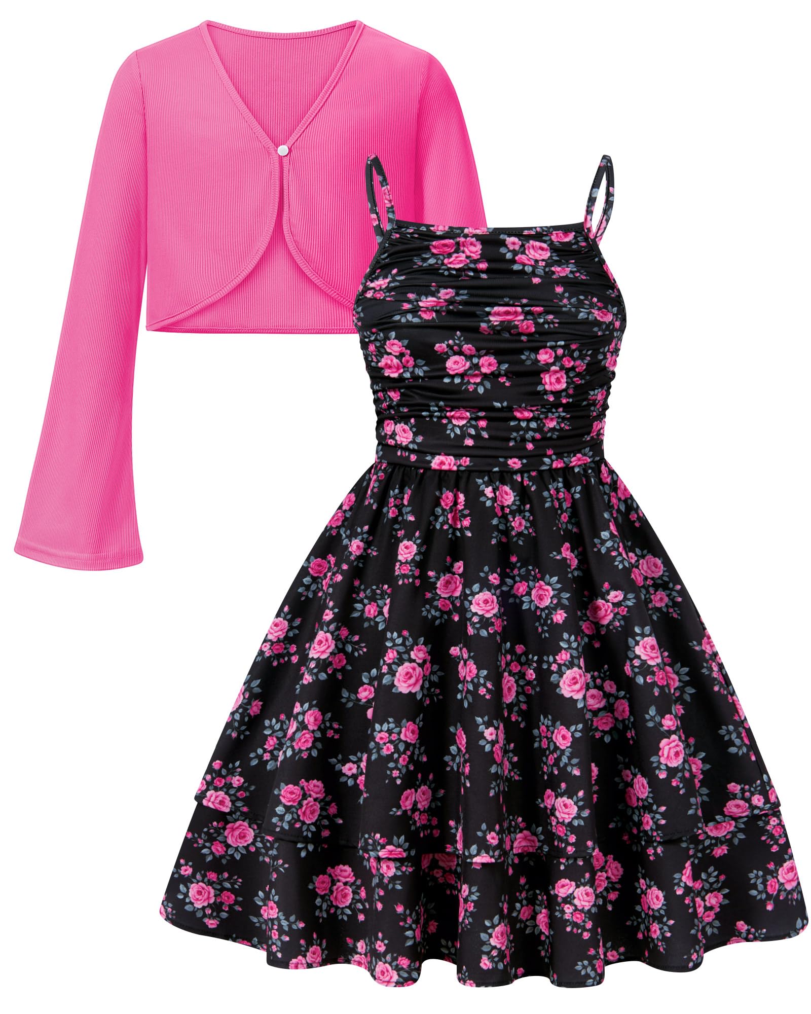 Girls Black Pink floral dress and cardigan for spring and summer.