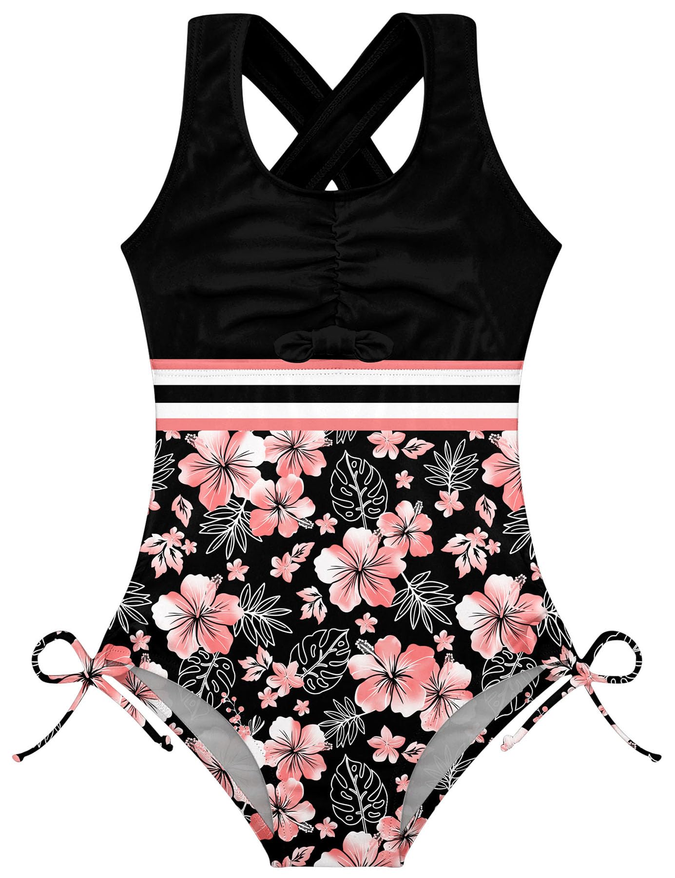 Girls black printed one piece swimsuit with cross back design and UPF 50+ fabric for pool, beach and vacation wear.