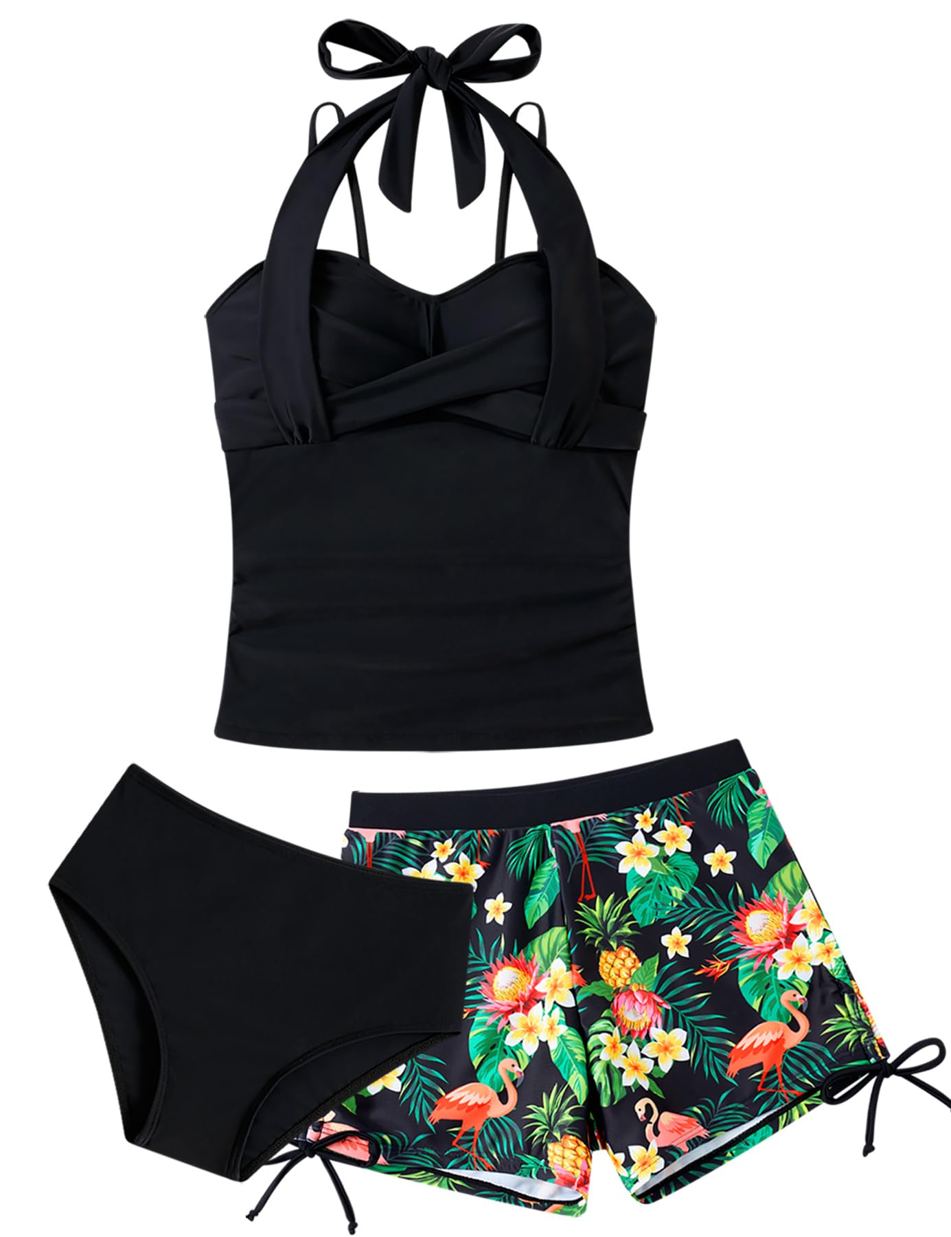 Black girls three piece tankini swimsuit with colorful print details