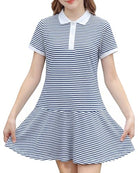 Girls black striped polo dress with classic collar and A-line skirt, stylish casual dress for school and daily wear.