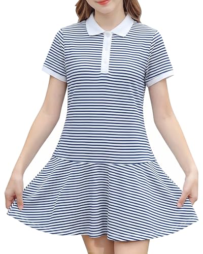 Girls black striped polo dress with classic collar and A-line skirt, stylish casual dress for school and daily wear.