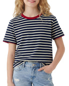 Girls black striped short sleeve T shirt with soft stretch fabric, versatile casual top for everyday outfits.