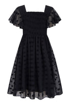 Girls black Swiss dot chiffon dress with ruffle sleeves, stylish formal outfit for parties and special events.