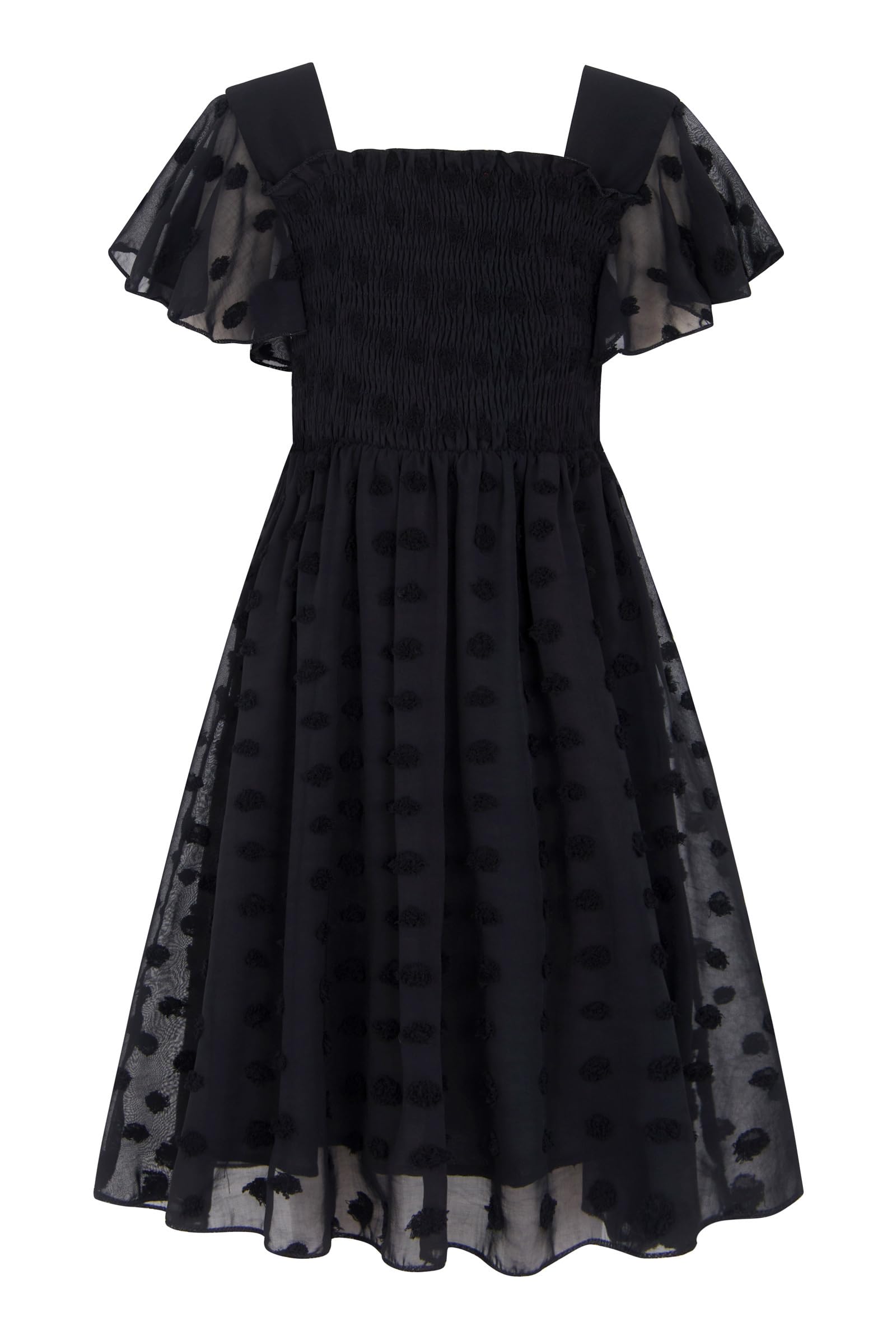 Girls black Swiss dot chiffon dress with ruffle sleeves, stylish formal outfit for parties and special events.
