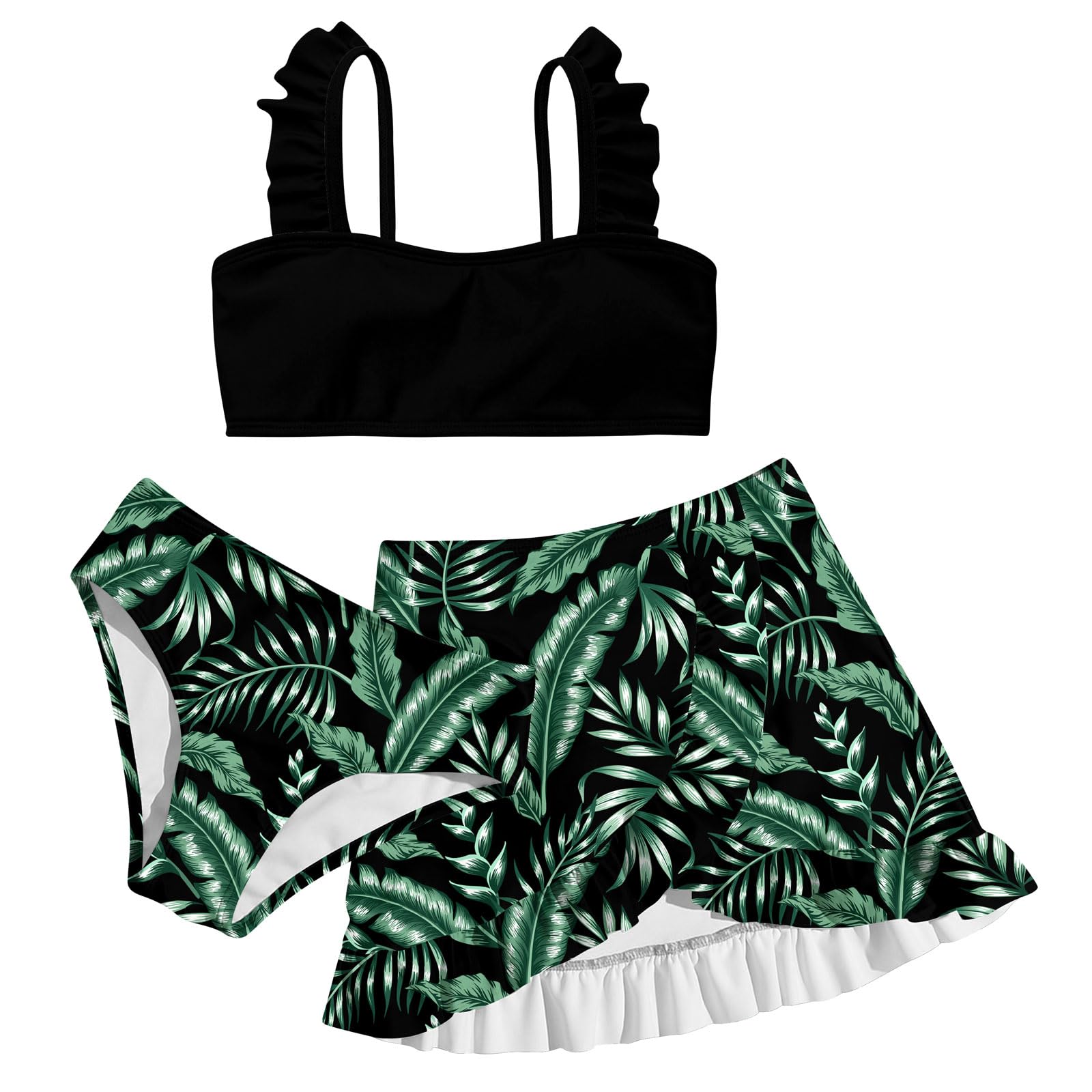 Girls black 3 piece bikini swim set with solid black ruffle top and green tropical leaf print bottoms with matching swim skirt.