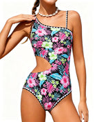 Girls Black Tropical Plants one piece swimsuit with colorful tropical print, side cutout and asymmetrical strap for summer beach and pool wear.