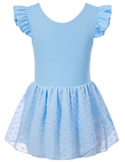 Girls blue ballet leotard dress with ruffle sleeves and textured hem, comfortable dance outfit for kids.