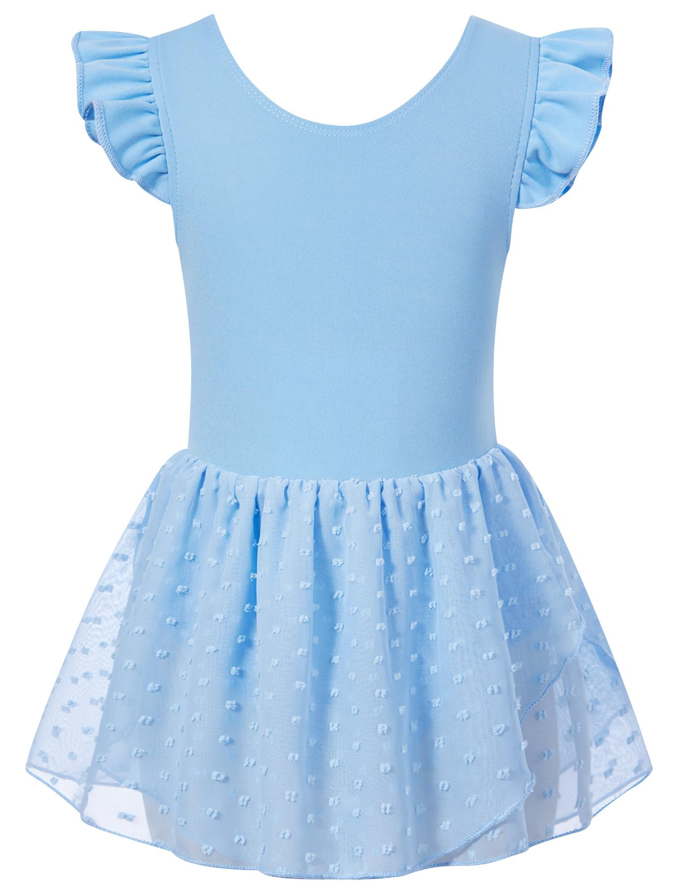 Girls blue ballet leotard dress with ruffle sleeves and textured hem, comfortable dance outfit for kids.