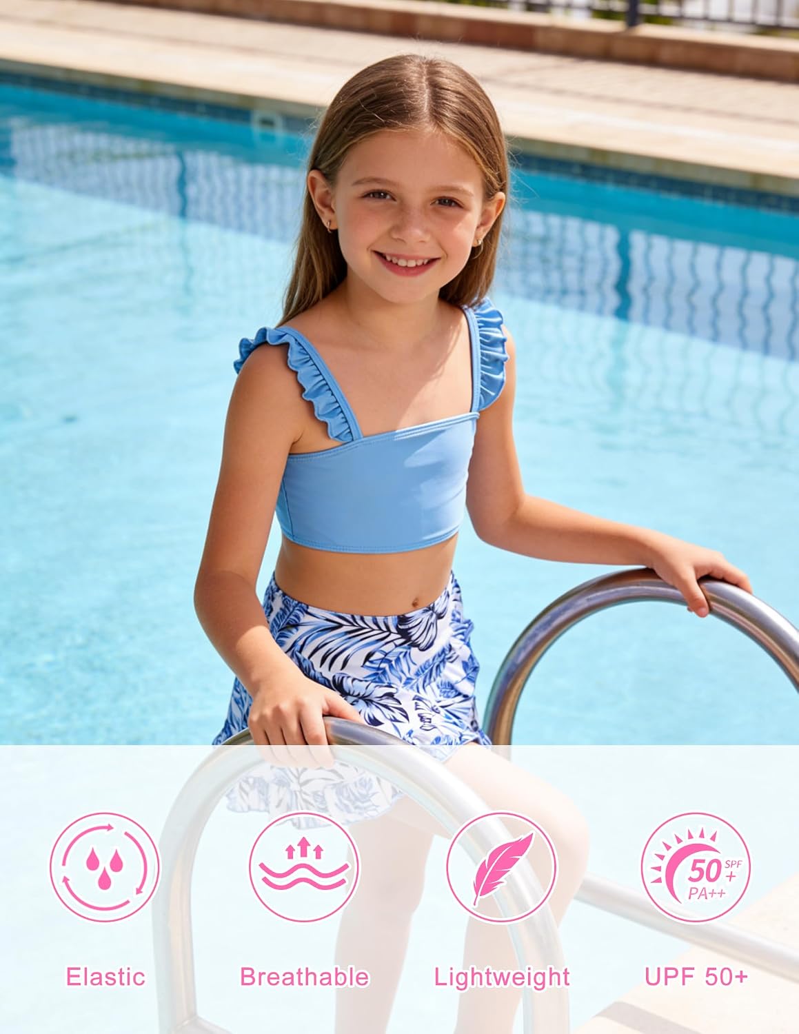 Girl wearing a blue 3 piece bikini swim set beside a swimming pool, showing the ruffle strap top and blue floral swim skirt.