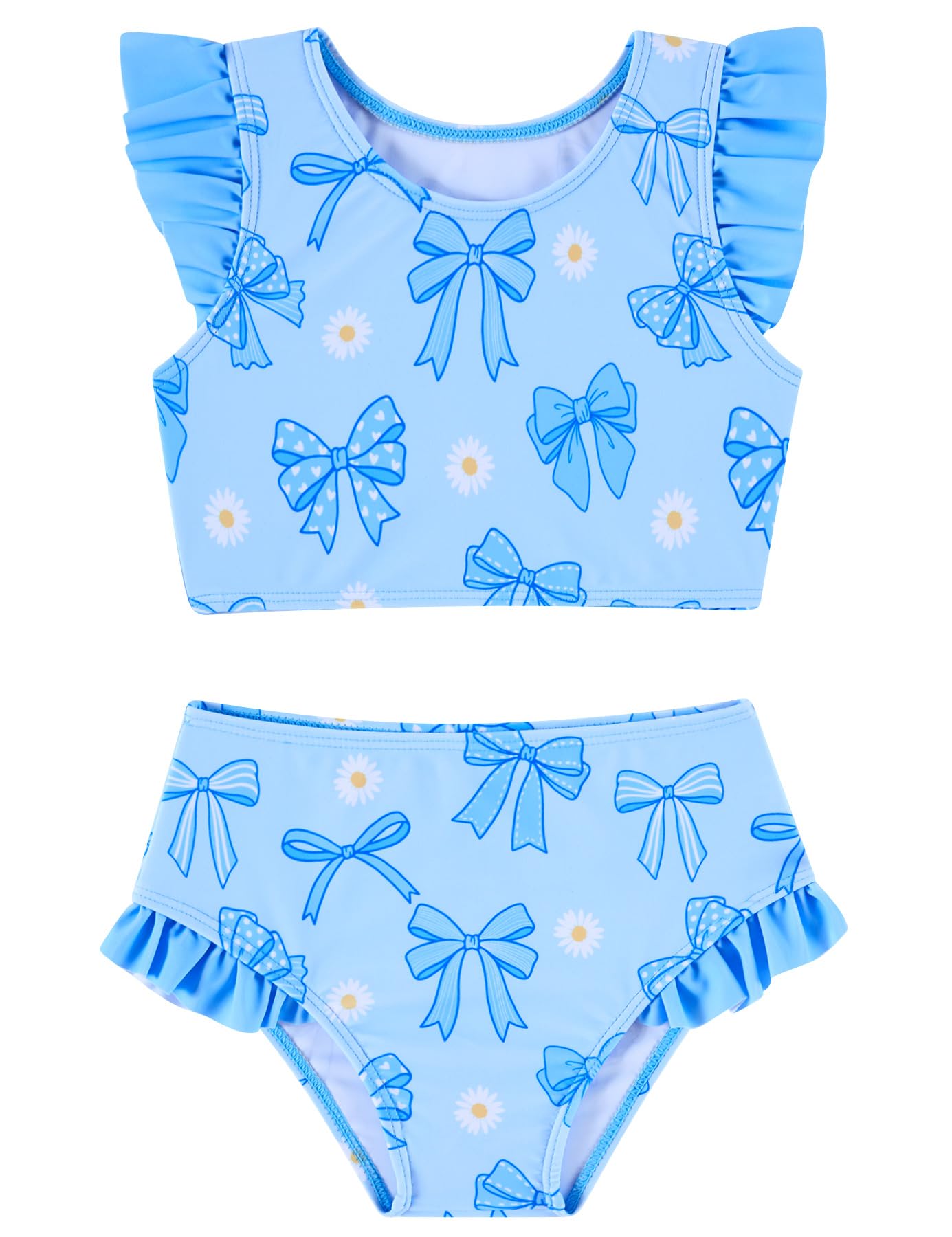 Girls blue bow two piece bikini set with ruffle shoulder top and matching swim bottoms for swimming, vacations and summer activities.