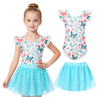 Girls blue butterfly ballet leotard dress set with matching skirt, adorable dance outfit for ballet and gymnastics.