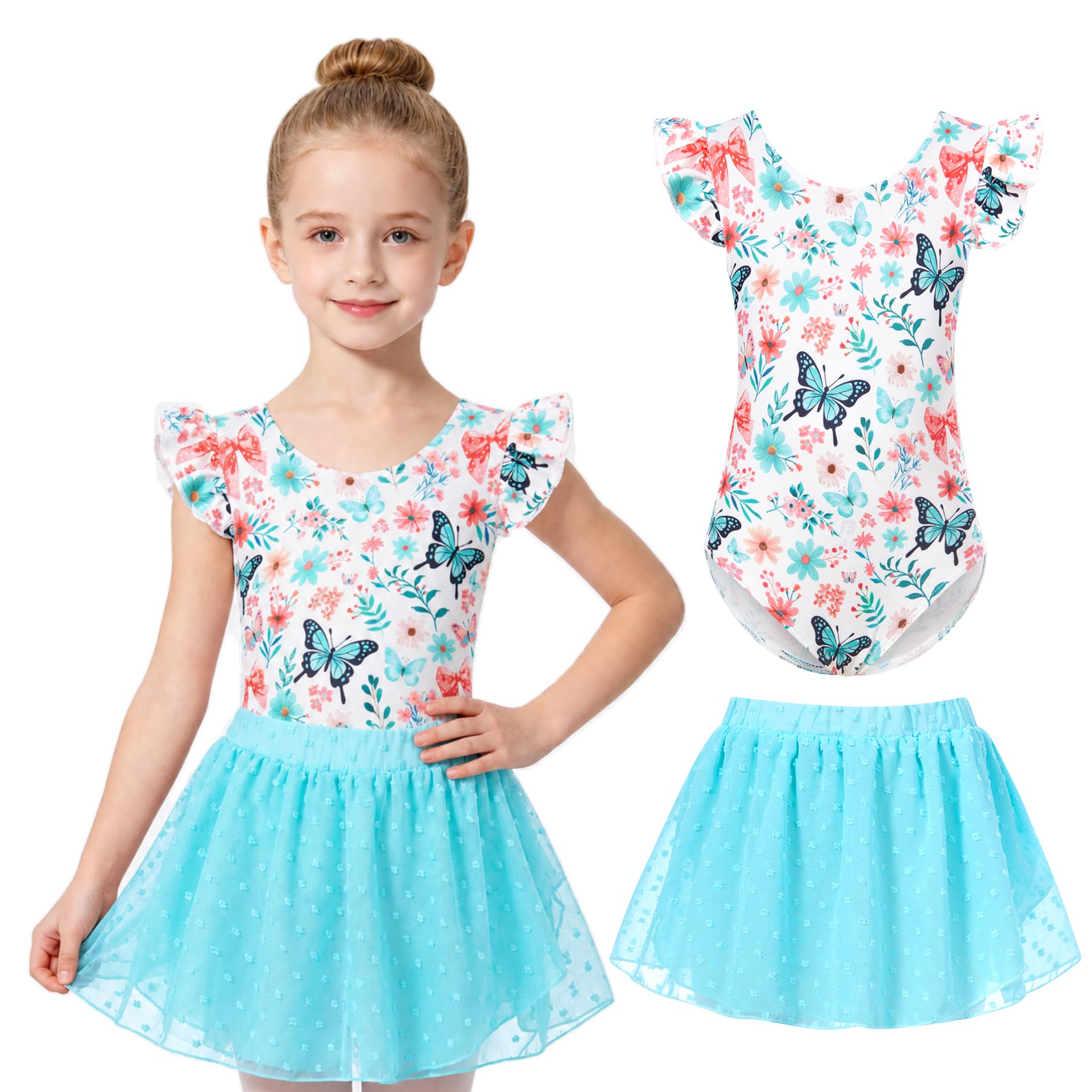 Girls blue butterfly ballet leotard dress set with matching skirt, adorable dance outfit for ballet and gymnastics.