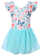 Girls blue butterfly ballet dress with flutter sleeves and layered skirt, comfortable outfit for dance classes and performances.