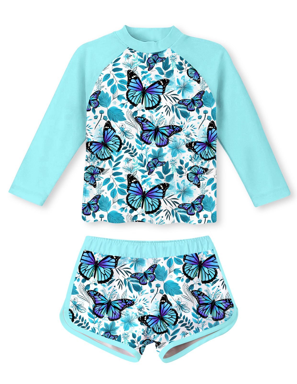 Girls blue butterfly print long sleeve rash guard swimsuit set with shorts, comfortable UPF 50 swimwear for beach and pool days.