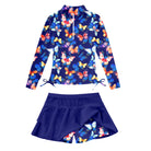 Girls deep blue butterfly printed rash guard swimsuit set with skirt, fashionable kids swimwear for vacations and outdoor swimming.