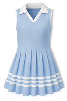 Girls blue collared polo dress with color block style, soft fabric and comfortable fit for casual occasions.