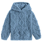 Girls blue coral fleece hoodie with soft plush material, warm hooded design and relaxed fit for school and everyday winter outfits.