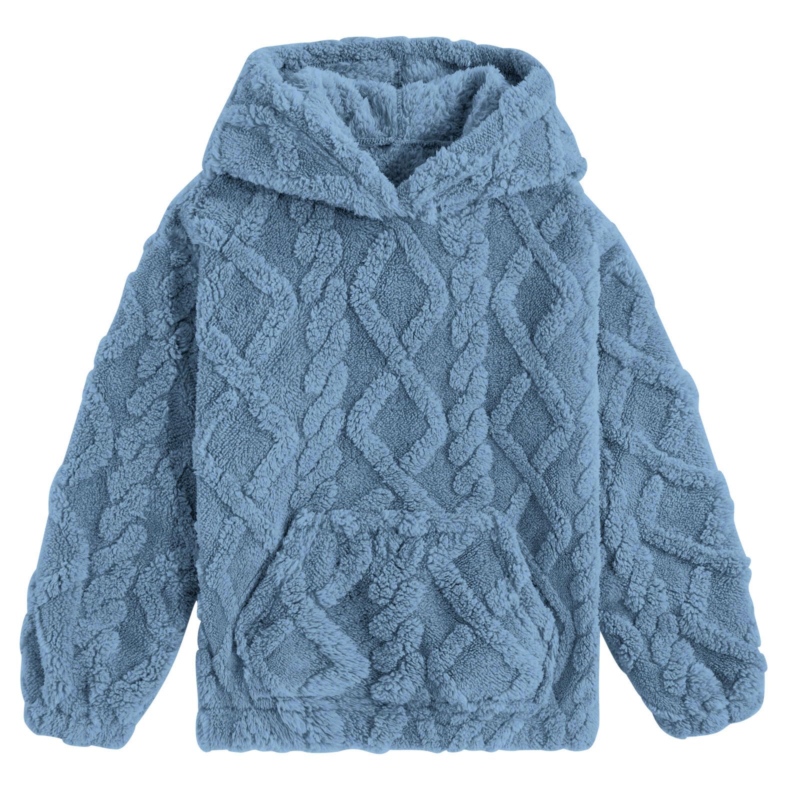 Girls blue coral fleece hoodie with soft plush material, warm hooded design and relaxed fit for school and everyday winter outfits.