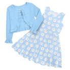 Girls Blue Daisy dress and cardigan set with light blue cardigan and matching daisy print dress for everyday wear, parties and special occasions.