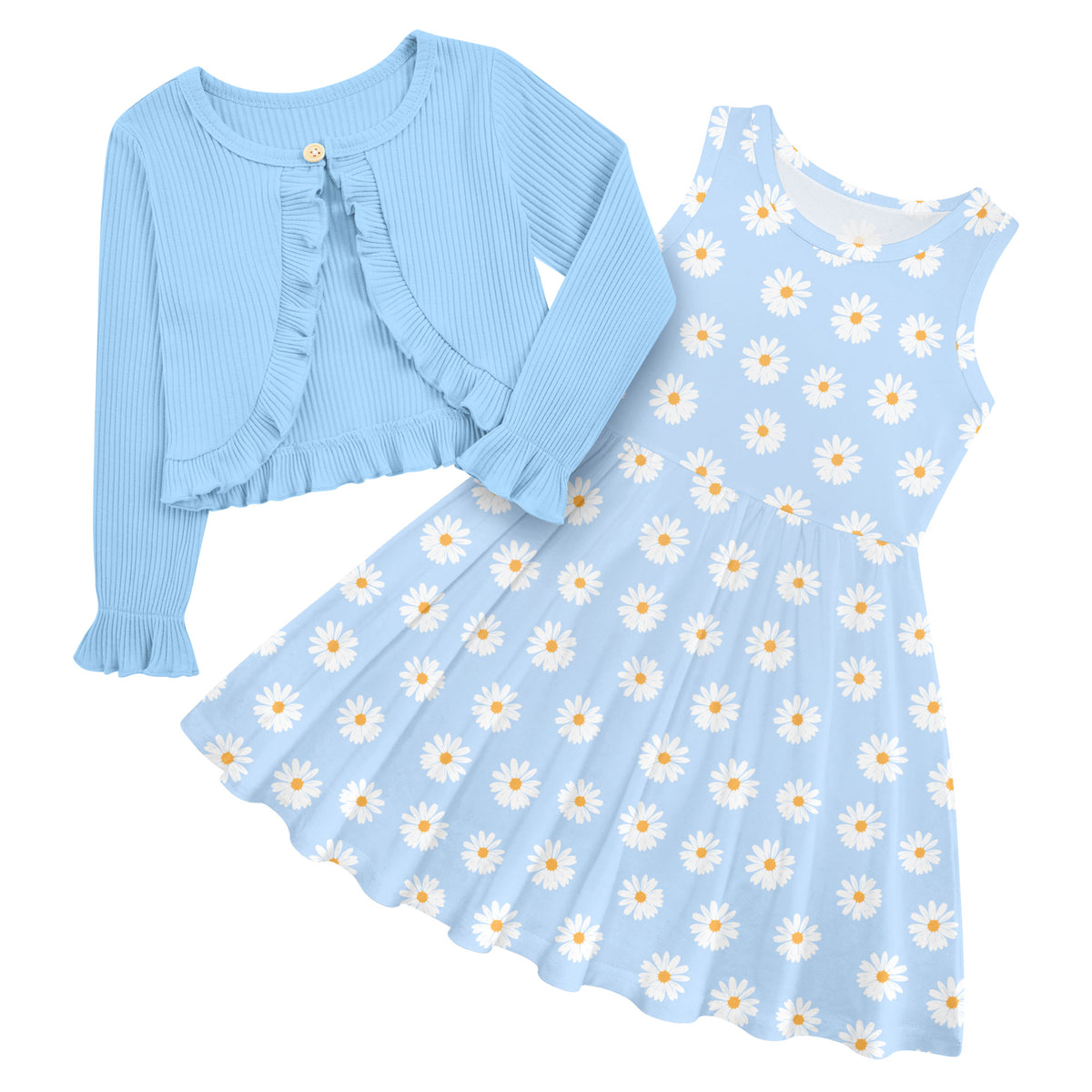 Girls Blue Daisy dress and cardigan set with light blue cardigan and matching daisy print dress for everyday wear, parties and special occasions.