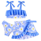 Girls blue daisy swimsuit set with matching skirt cover up, floral summer swimwear for beach and swimming.