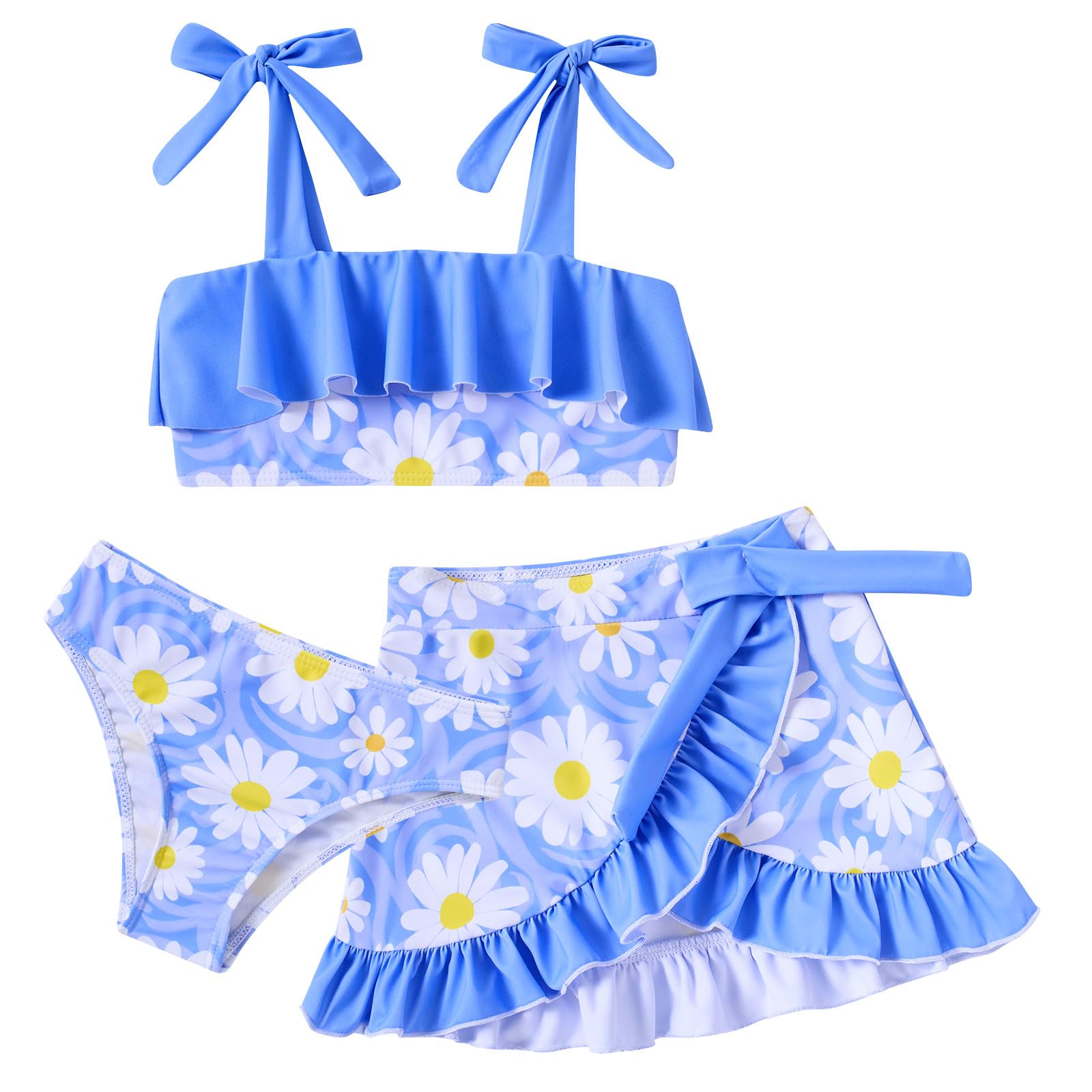Girls blue daisy swimsuit set with matching skirt cover up, floral summer swimwear for beach and swimming.