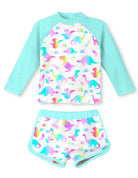 Girls blue dinosaur printed long sleeve swimsuit set with shorts, fun kids rash guard swimwear for outdoor activities.