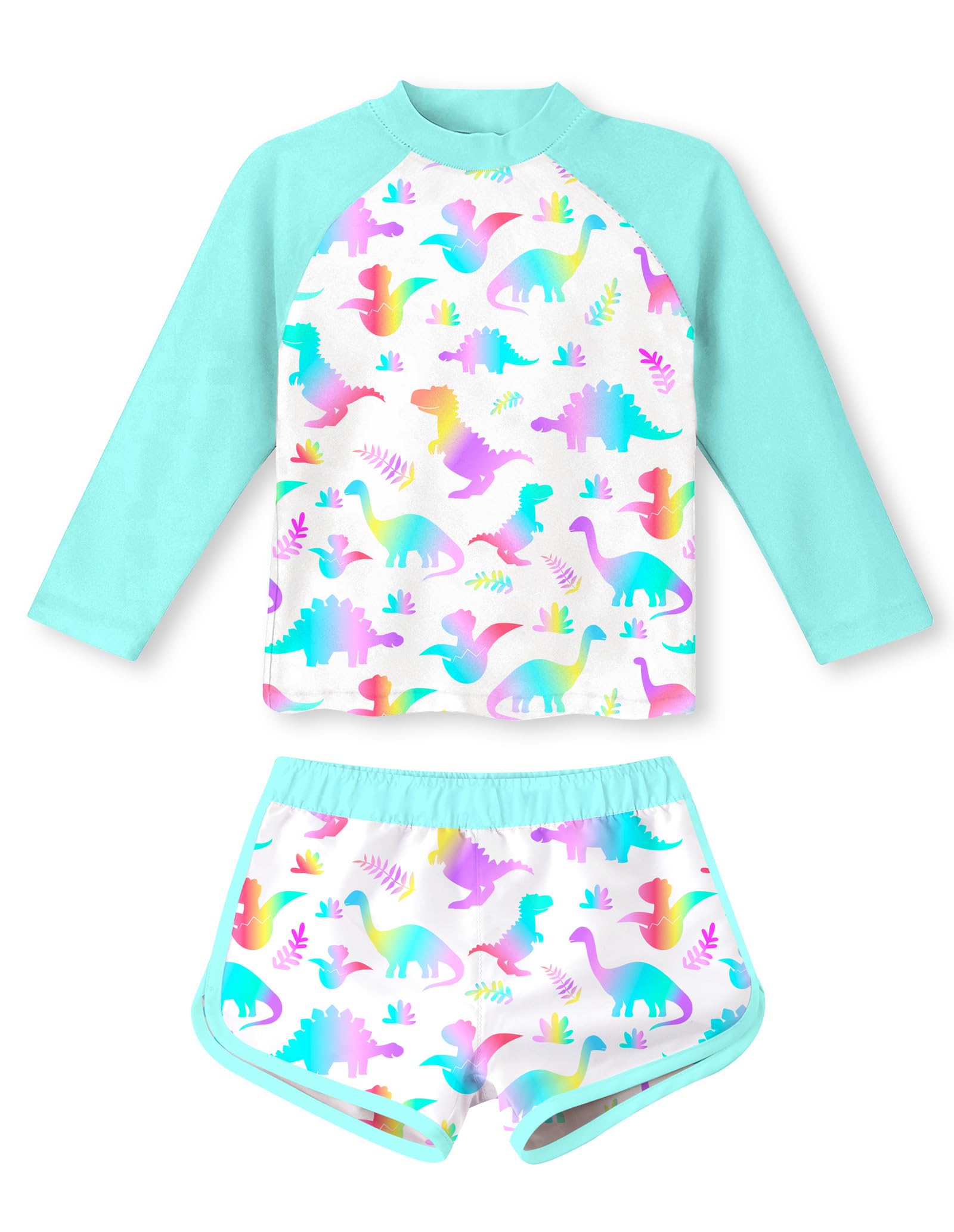 Girls blue dinosaur printed long sleeve swimsuit set with shorts, fun kids rash guard swimwear for outdoor activities.