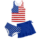 Girls blue flag print tankini swimsuit set with tank style top, matching bottoms and swim skirt, fun patriotic inspired swimwear for summer.