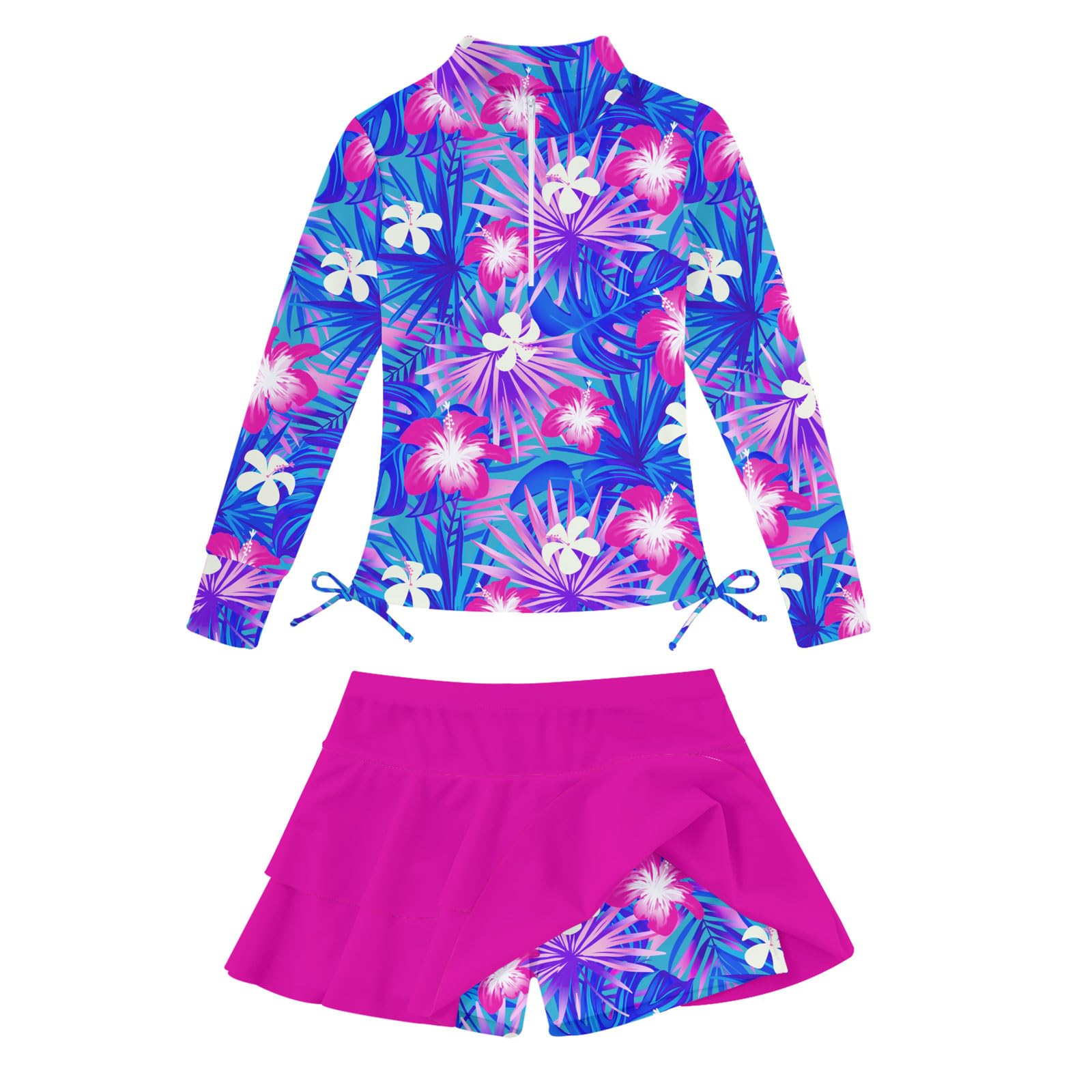 Girls blue floral printed long sleeve rash guard swimsuit set with skirt, comfortable kids swimwear for swimming and holidays.