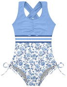 Girls blue floral one piece swimsuit with printed design, UPF 50+ protection and flexible fabric for summer swimming.