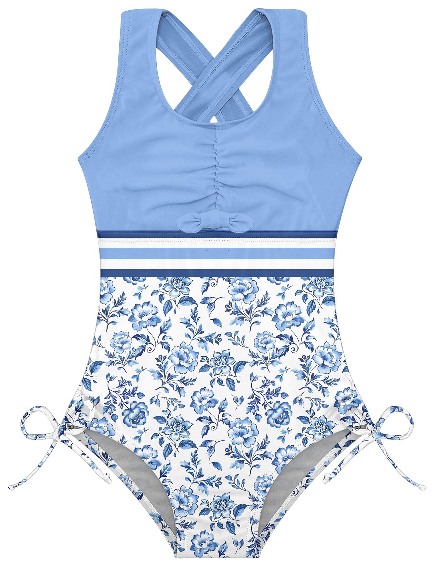Girls blue floral one piece swimsuit with printed design, UPF 50+ protection and flexible fabric for summer swimming.