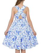 Girls blue floral rainbow strap sundress with colorful print, comfortable summer dress for everyday wear.