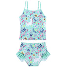 Girls blue floral rash guard swim set with long sleeve top, tankini and matching ruffle shorts for beach and pool activities.