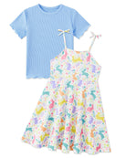 Girls blue floral sundress set with T-shirt top and adjustable straps, lightweight summer outfit for vacations and parties.