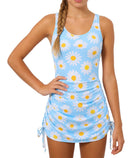Girls blue floral printed swim dress one piece swimsuit for swimming, pool days, and vacations.