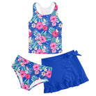 Girls blue floral tankini swimsuit set with tank style swim top and ruffle skirt, stylish floral swimwear for beach trips and pool activities.