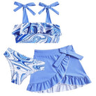 Girls blue fluid 3 piece swimsuit set with bikini top, matching bottoms and cover up skirt, cute summer swimwear for kids.